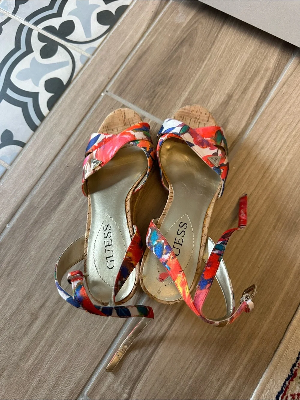 GUESS Floral Print Cork Wedge Sandals in Red, Blue and Pink
